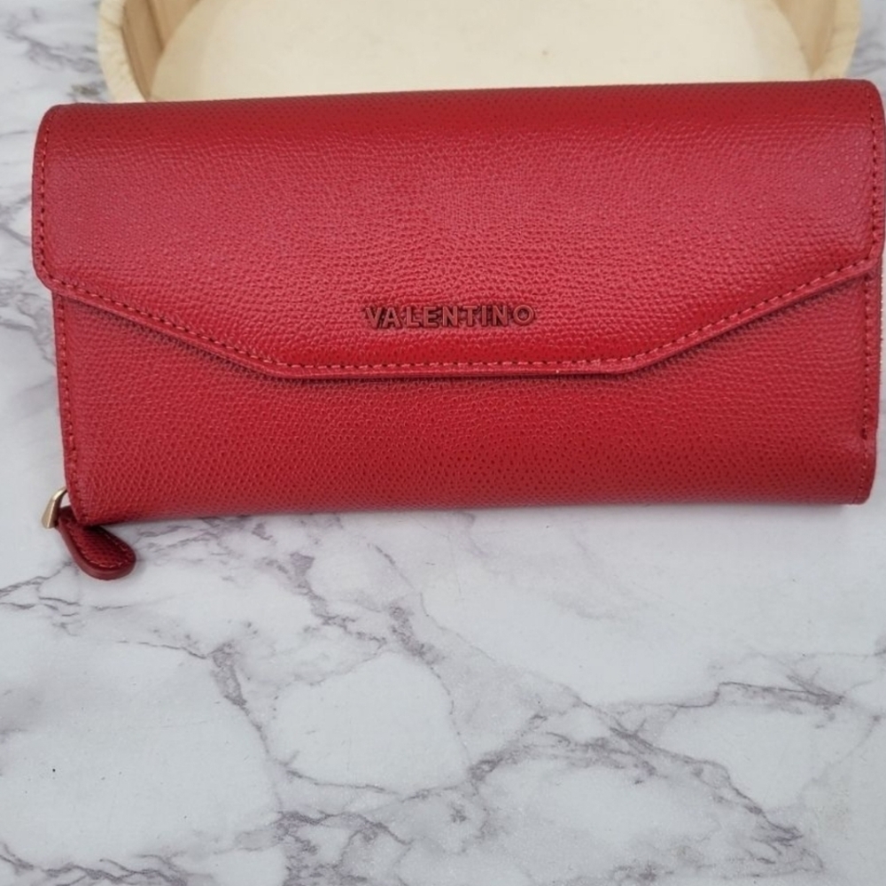 Valentino Red Leather Wallet with Textured Finish